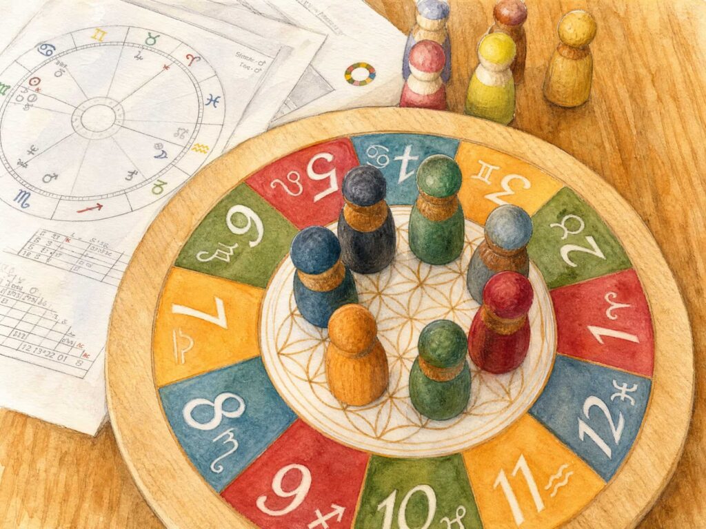 Horoskop aufstellen – Planetenanteile mit Holzfiguren sichtbar gemacht