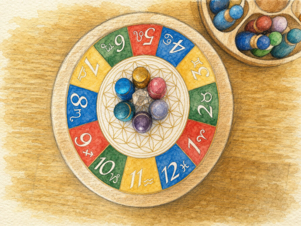 Online astrologische Aufstellung Heidelberg – Holzfiguren auf Tierkreis-Rad